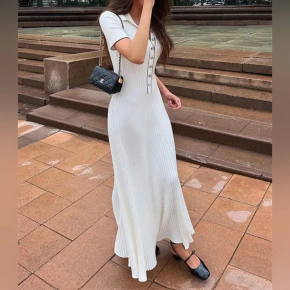 White Ribbed Maxi Dress with Buttons - Picture 3 of 16